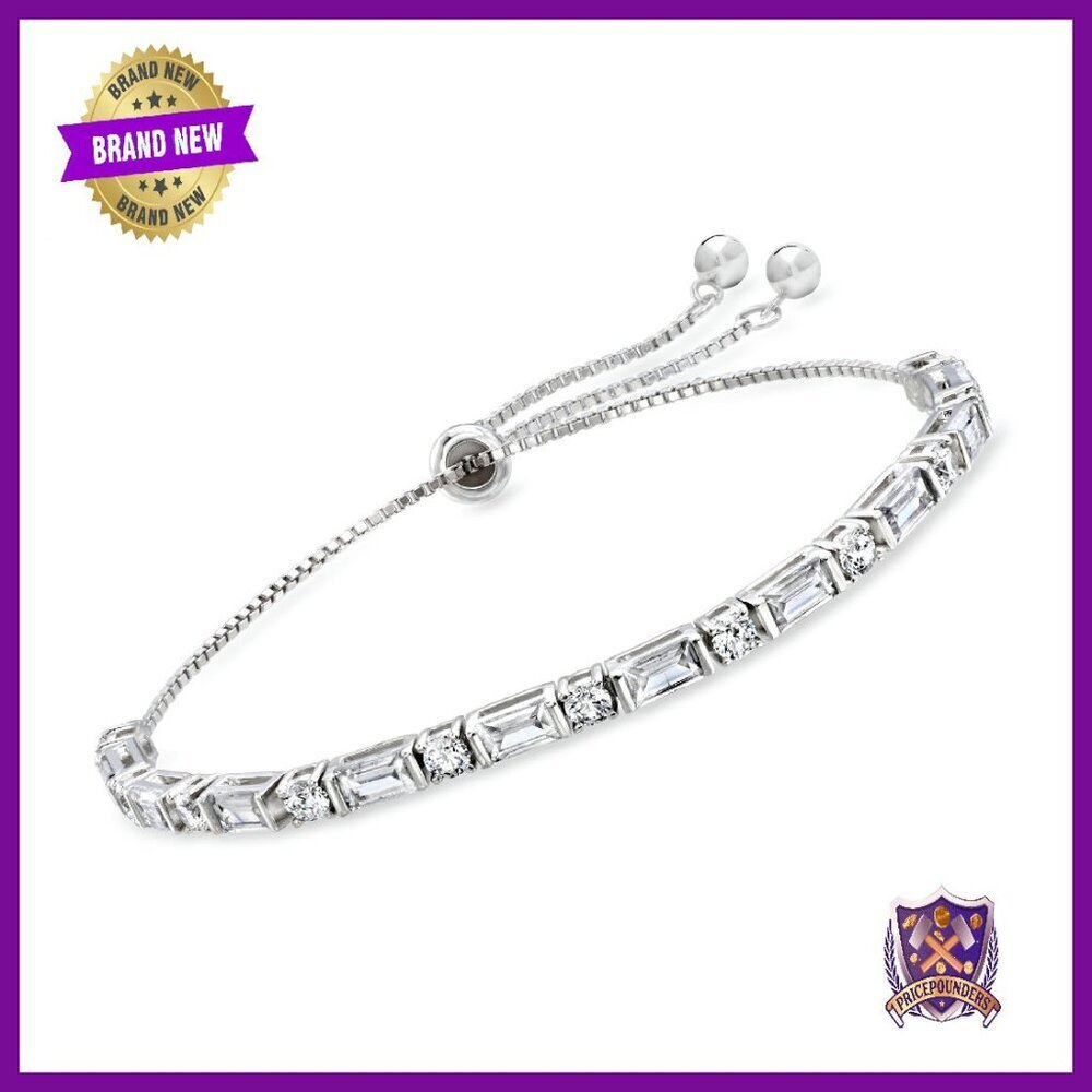 Sterling Silver Bolo Bracelet with 4.10ct CZ, Adjustable Slider